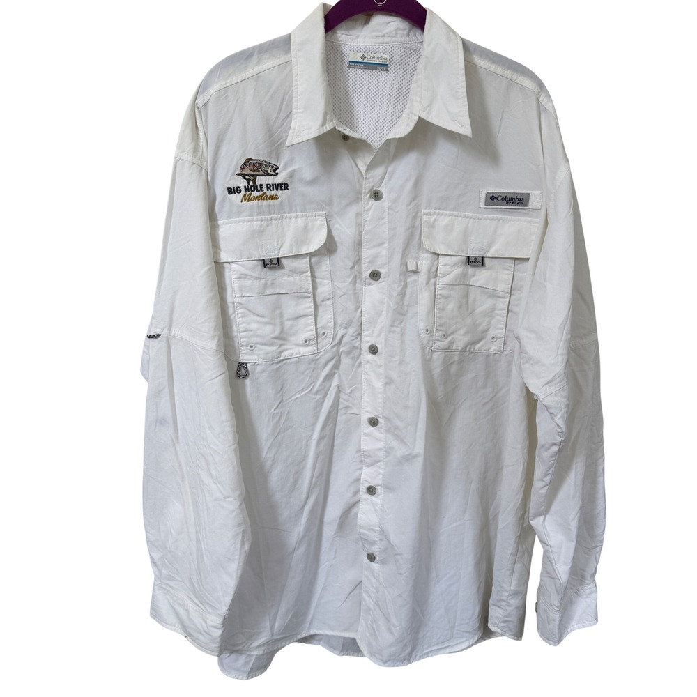 Columbia PFG Big Hole River Montana Fishing Shirt White XL Vented Omni Shade